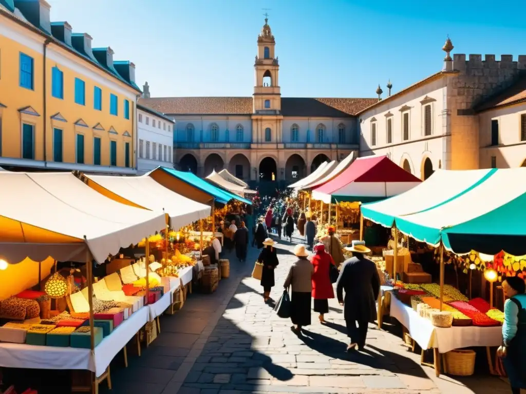 Un mercado artesanal bullicioso y colorido, con puestos de artesanía tradicional en era digital