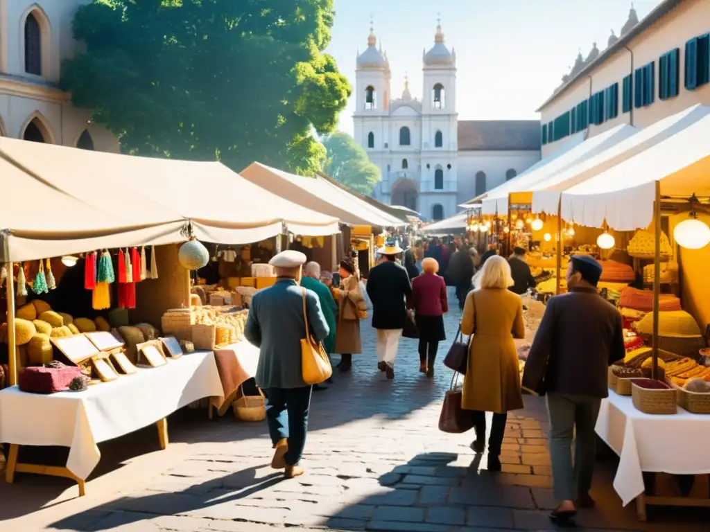 Un mercado artesanal bullicioso con coloridos puestos de artesanía