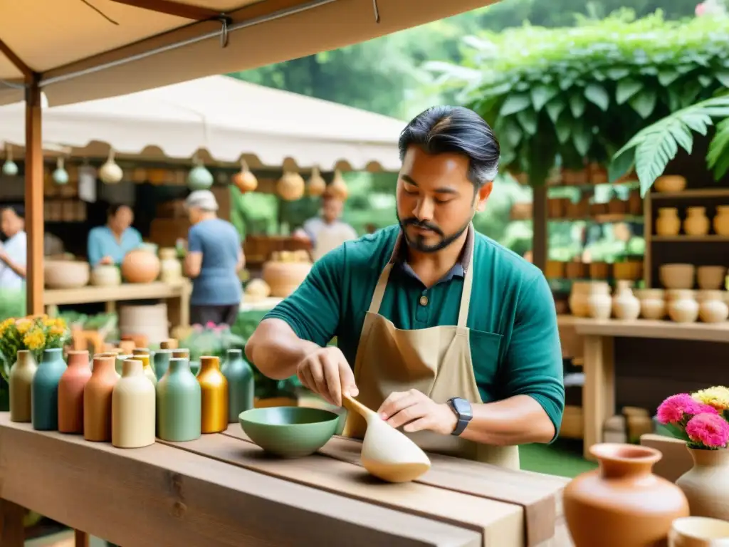 Un mercado artesanal bullicioso con productos coloridos en puestos de madera entre exuberante vegetación