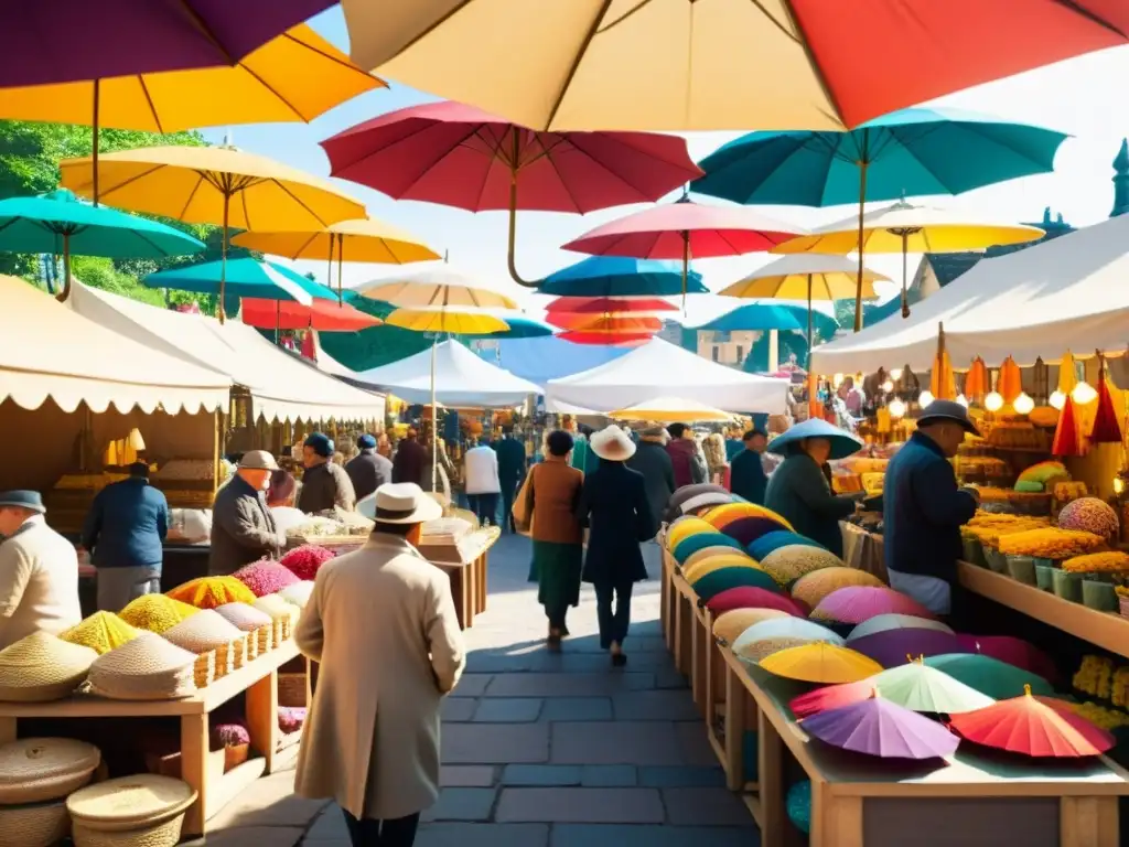 Un mercado artesanal bullicioso con productos hechos a mano bajo coloridos paraguas