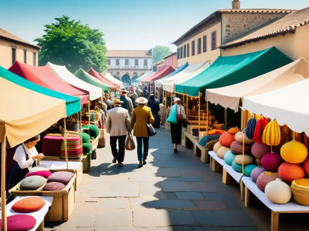 Mercado artesanal vibrante: tradición y modernidad Expande mercado artesanal digital con vibrante escena de mercado vintage, artesanos y textiles únicos, invitando a explorar la riqueza cultural