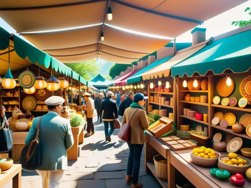 Un mercado artesanal lleno de color y vida, fusionando encanto tradicional con realidad aumentada