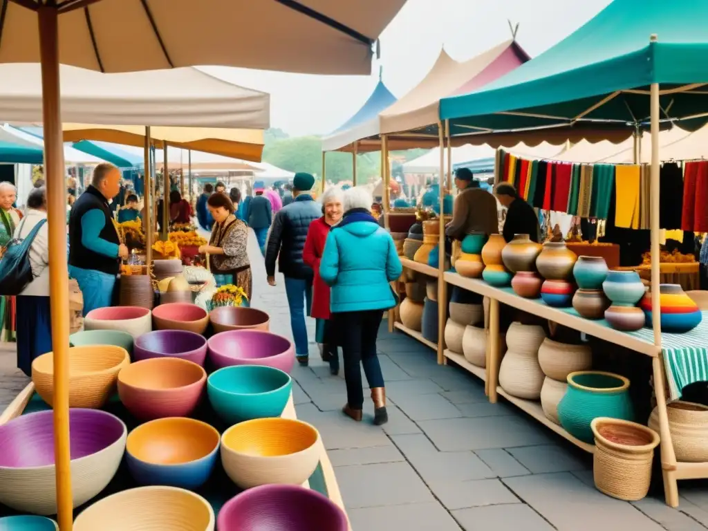 Un mercado artesanal local bullicioso, con textiles, cerámica y arte vibrantes en exhibición