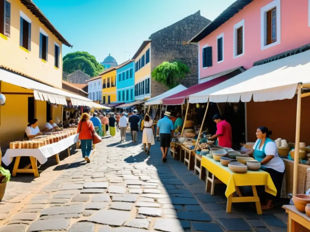 Un mercado artesanal local bullicioso con textiles, cerámica y joyería, turistas intercambiando historias y risas con artesanos