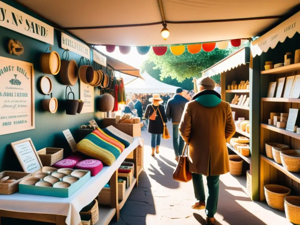 Un mercado artesanal con productos únicos y coloridos, bañado por la luz del sol