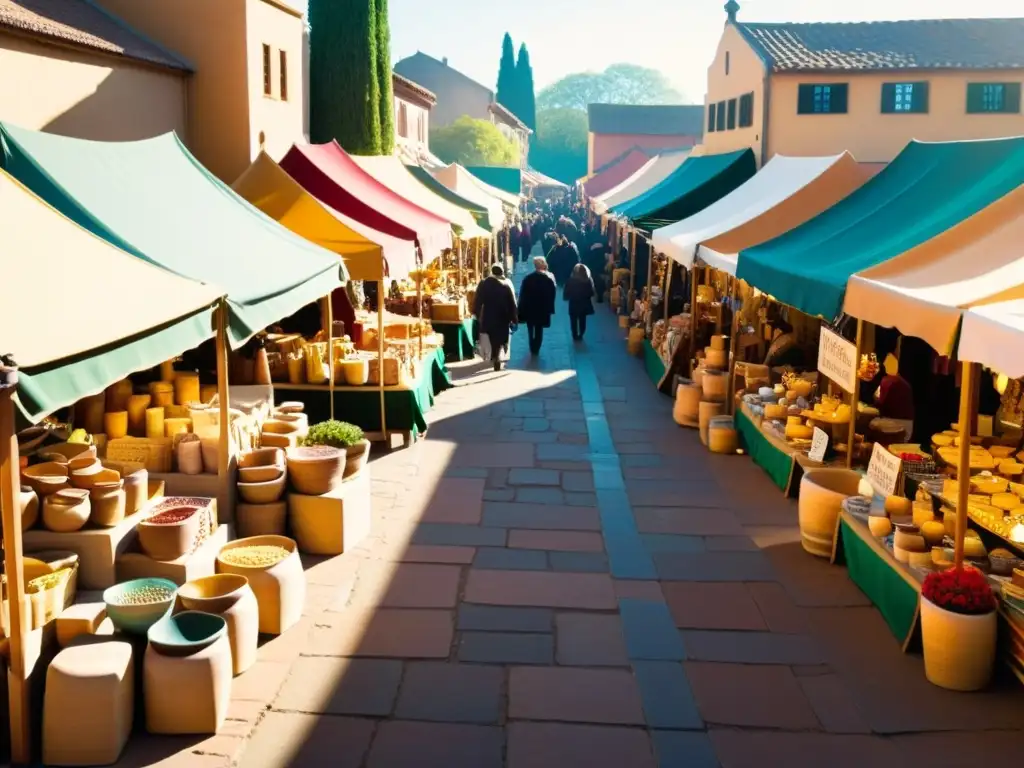 Un mercado artesanal con productos únicos bañados en luz dorada, reflejando tradición y comunidad