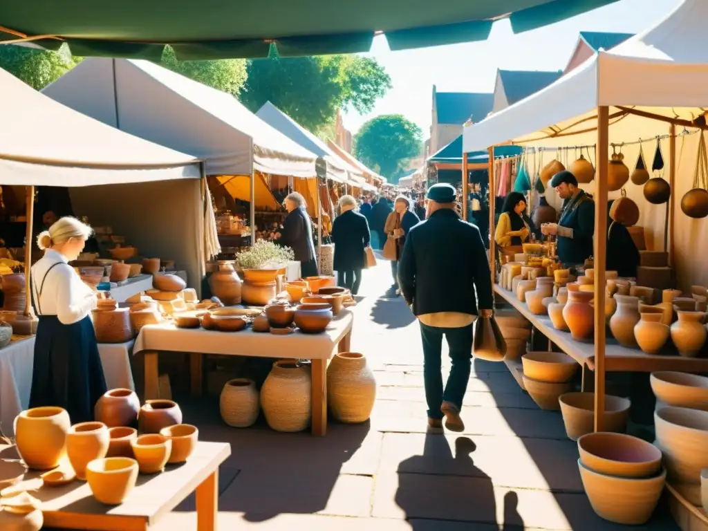 Un mercado artesanal con puestos de productos hechos a mano y una atmósfera acogedora bañada en luz dorada