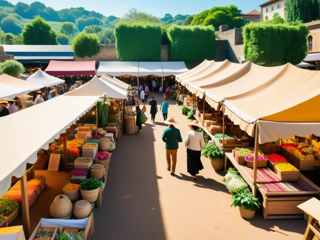 Un mercado artesanal sostenible bañado en cálido sol dorado, donde la comunidad disfruta de la creatividad y la artesanía ecofriendly