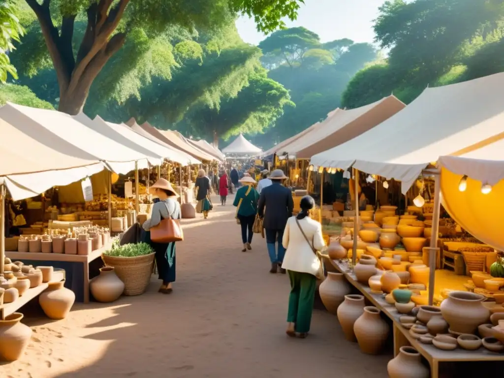 Un mercado artesanal sostenible con vibrantes exhibiciones de cerámica, textiles y joyería ecofriendly bajo la cálida luz del sol