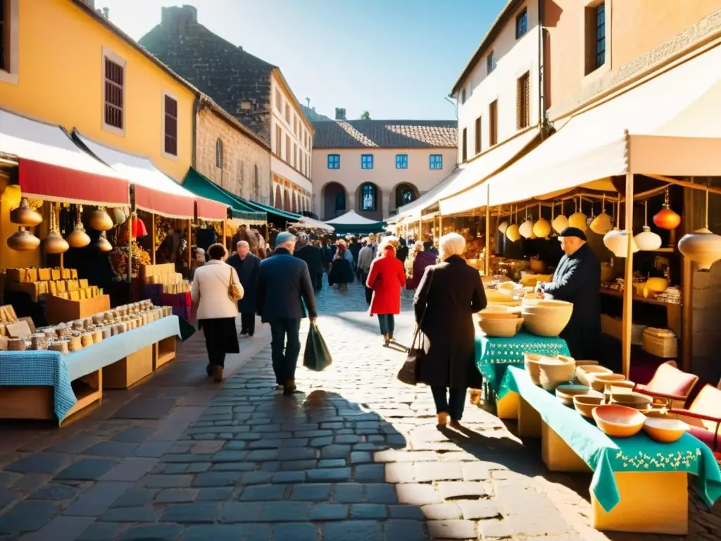 Un mercado artesanal tradicional lleno de vida y color, con clientes interactuando y realizando pagos digitales para artesanías tradicionales