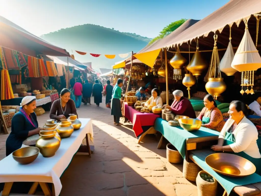 Un mercado artesanal tradicional rebosante de vida y color, con textiles y artesanías únicas