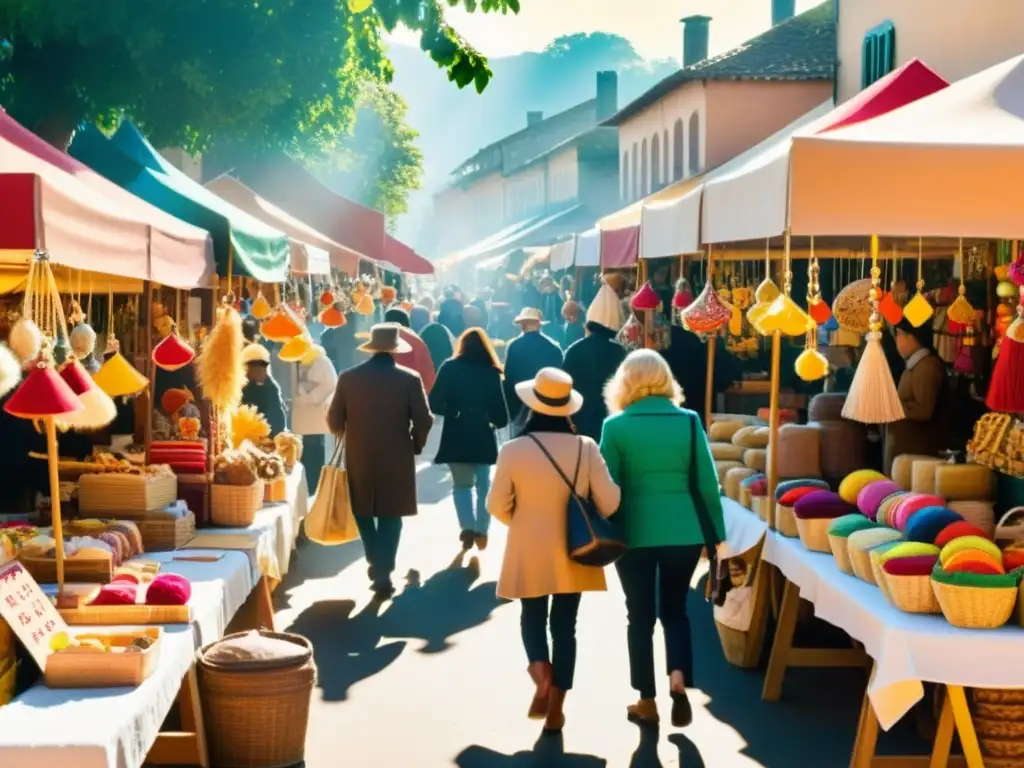 Mercado artesanal vibrante con artesanos, visitantes y productos coloridos, preservando la tradición y el turismo a través de las redes sociales