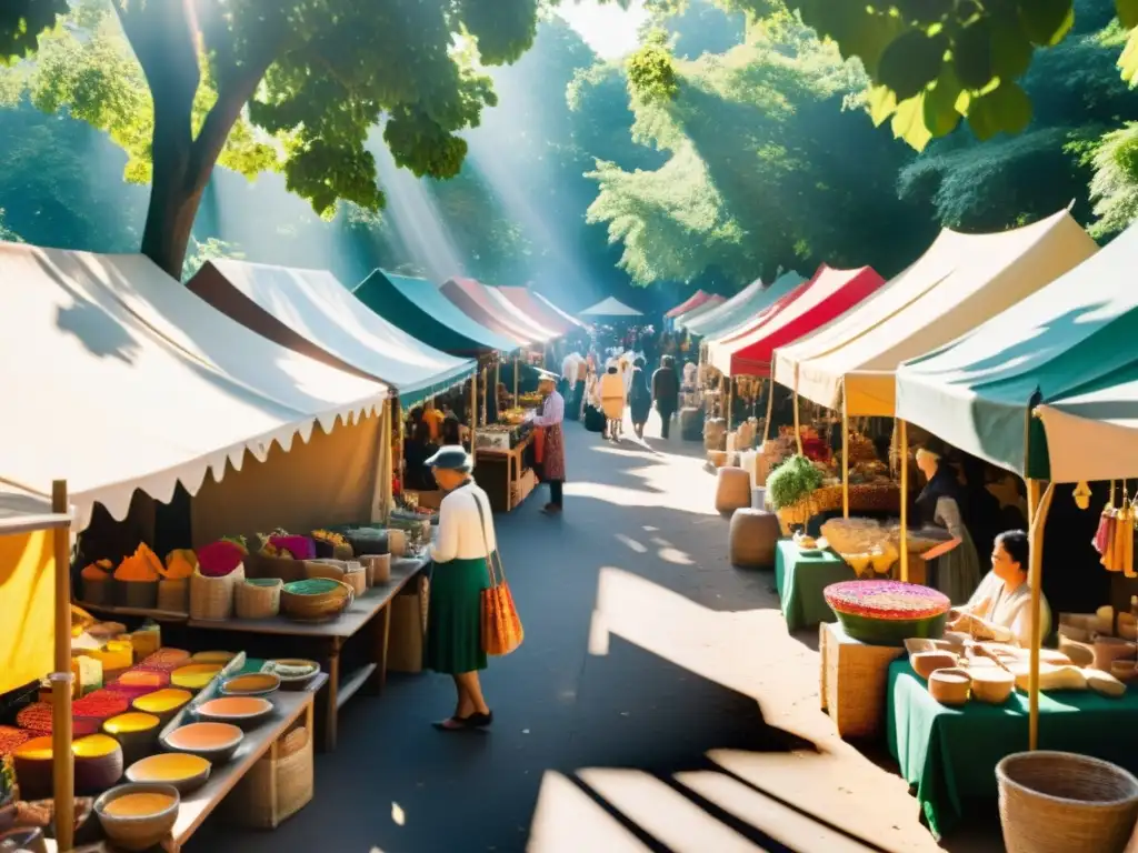 Un mercado artesanal vibrante con artesanos exhibiendo sus creaciones hechas a mano, textiles coloridos, cerámica y joyería