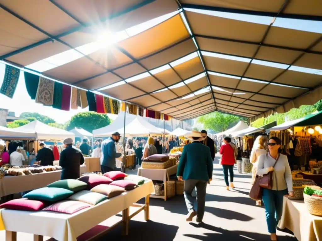 Un mercado artesanal vibrante y bullicioso con un aire vintage, lleno de coloridas artesanías y textiles hechos a mano