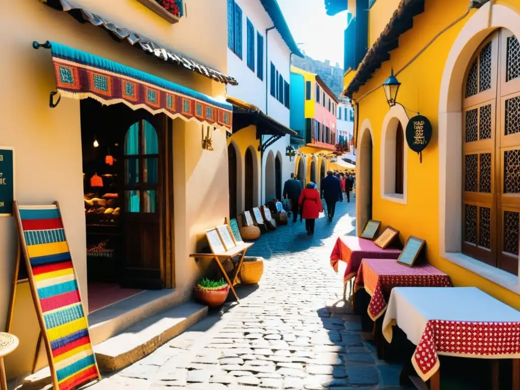 Mercado artesanal vibrante con textiles coloridos, cerámica intrincada y oficios tradicionales en una plaza de pueblo