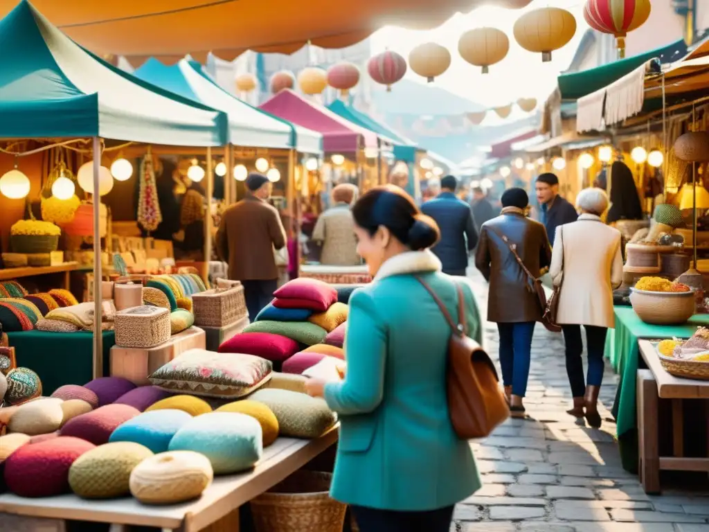 Un mercado artesanal vintage bullicioso, repleto de productos hechos a mano y colores vibrantes