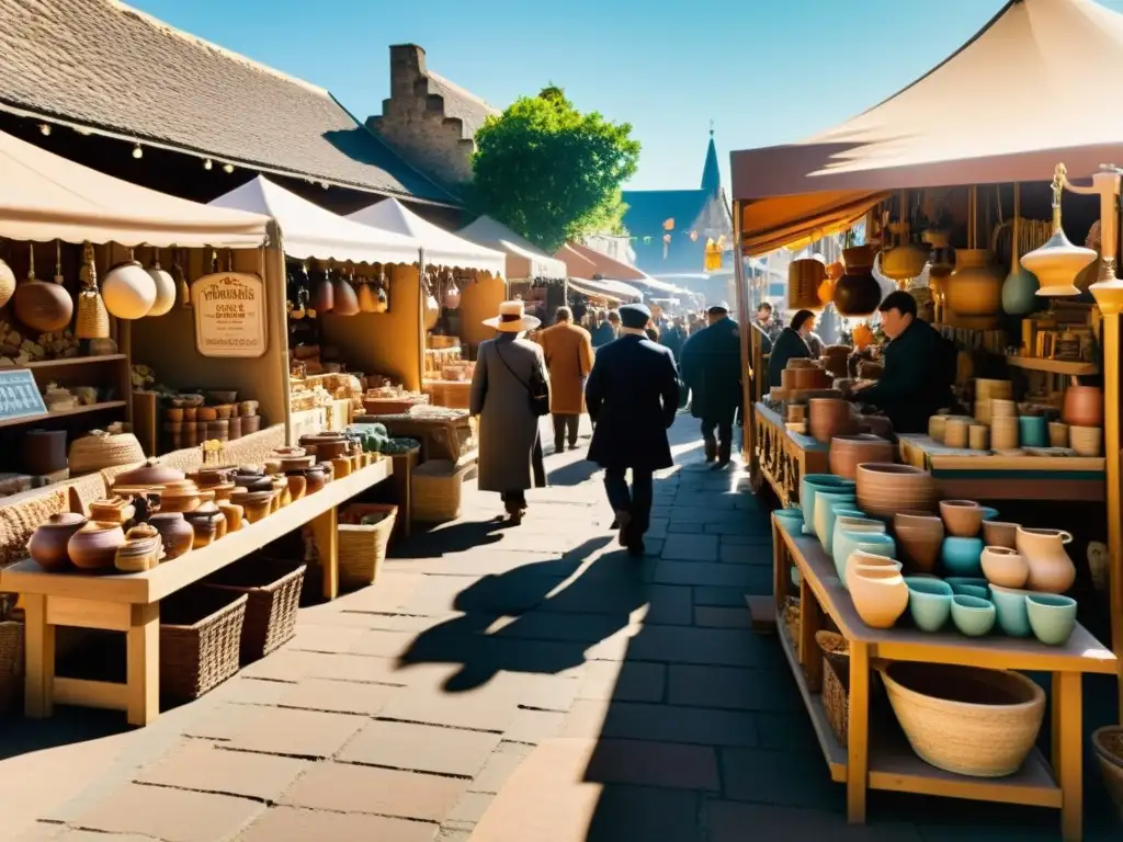 Un mercado artesanal vintage rebosante de vida con productos hechos a mano, bañado por la cálida luz del sol