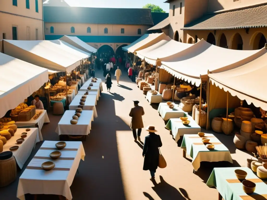 Mercado de artesanía tradicional en marketing digital: puestos llenos de productos artesanales, clientes interactuando y ambiente cálido al sol