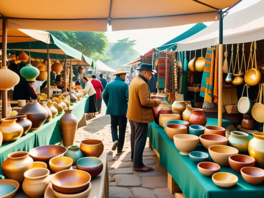 Un mercado de artesanías tradicionales con coloridos productos hechos a mano en exhibición, evocando tradición y comunidad