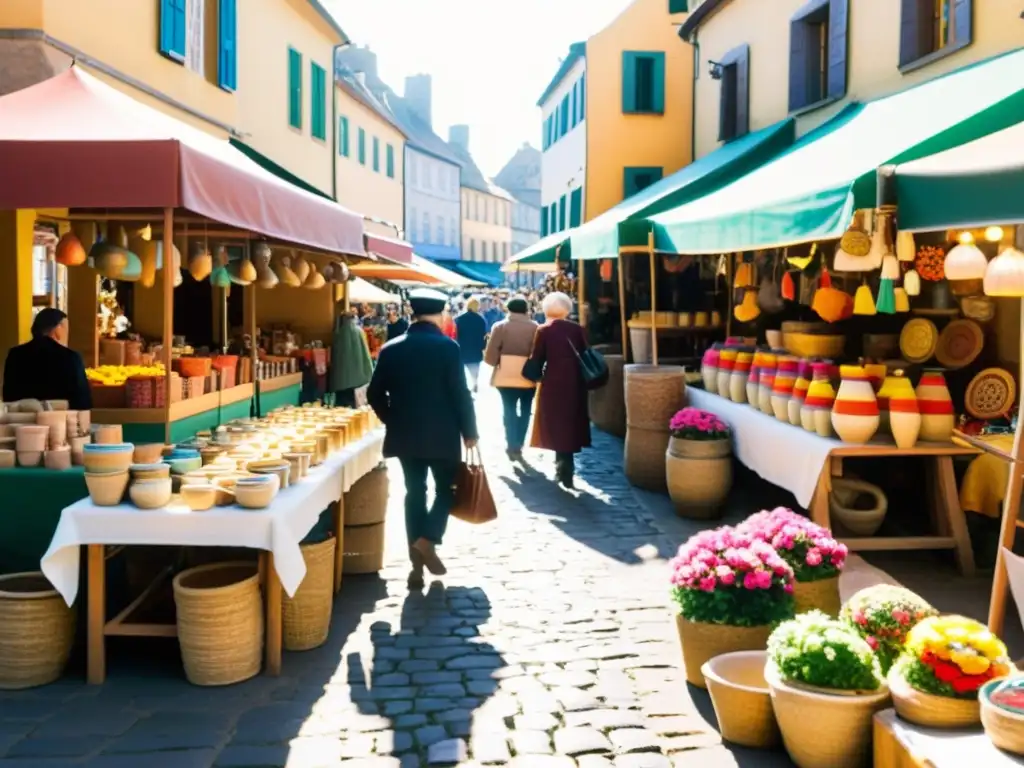 Un mercado de artesanías tradicionales en la era digital, con coloridos textiles, cerámica y joyería, en un pueblo pintoresco