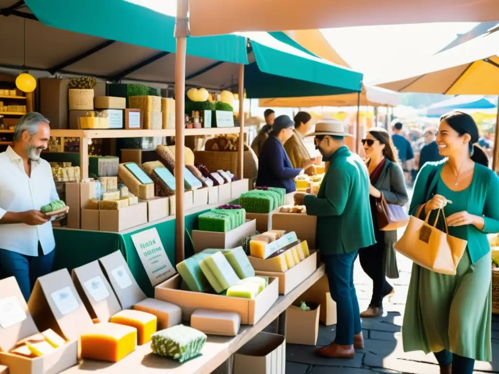 Un mercado bullicioso con empaques artesanales ecológicos innovadores y productos variados en un ambiente vintage lleno de color y vitalidad