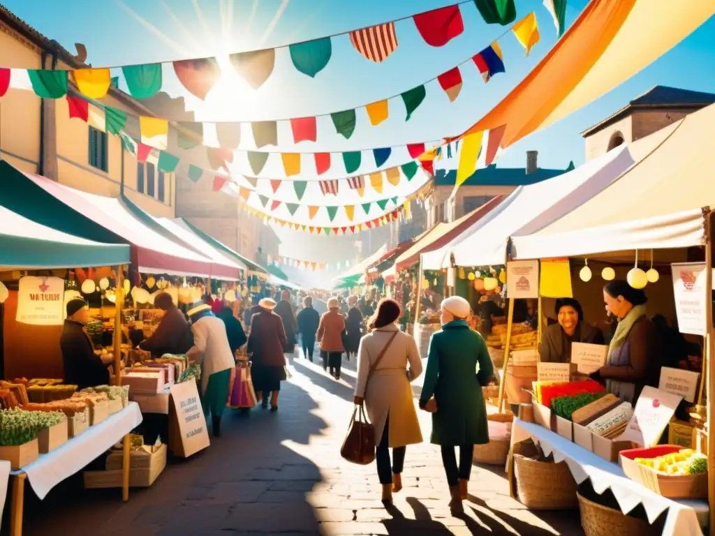 Un mercado bullicioso con productos artesanales, banderas coloridas y luz cálida