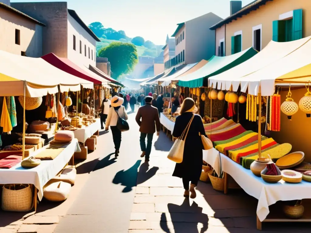 Un mercado étnico con artesanías coloridas y ambiente auténtico