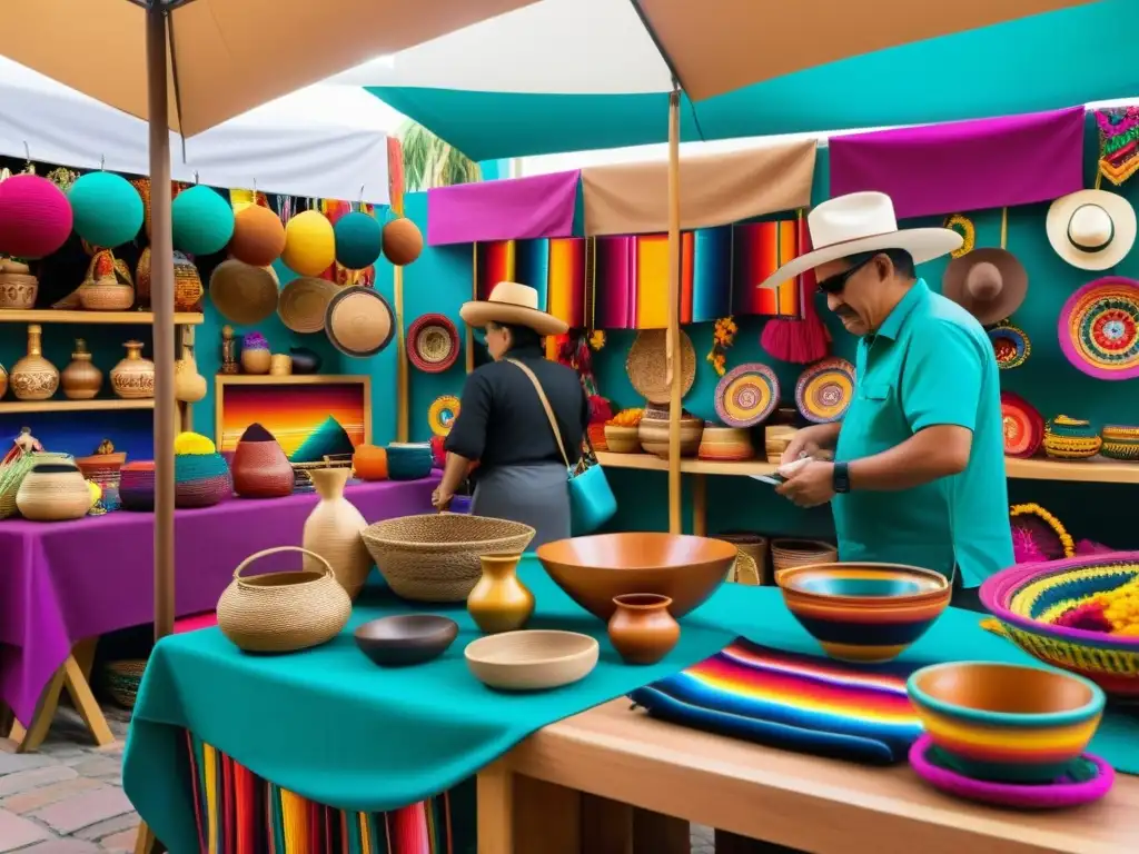 Mercado mexicano bullicioso con artesanías coloridas y demostraciones de técnicas tradicionales