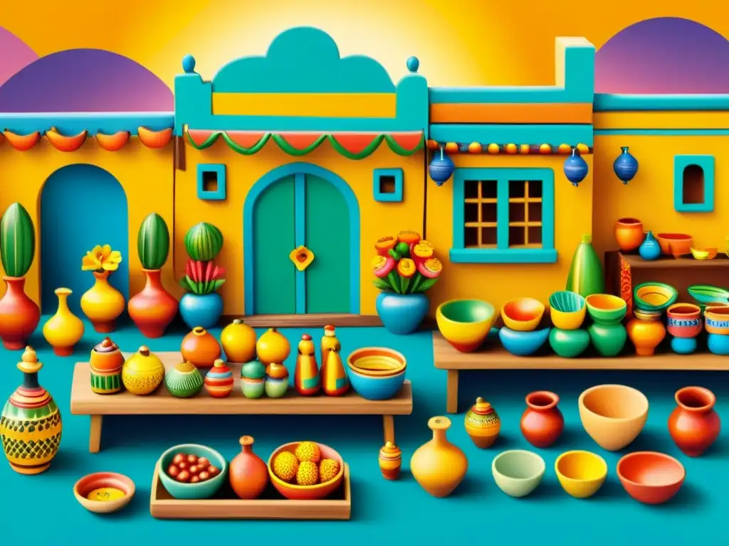 Un mercado mexicano tradicional rebosante de color con arte popular tradicional en realidad aumentada