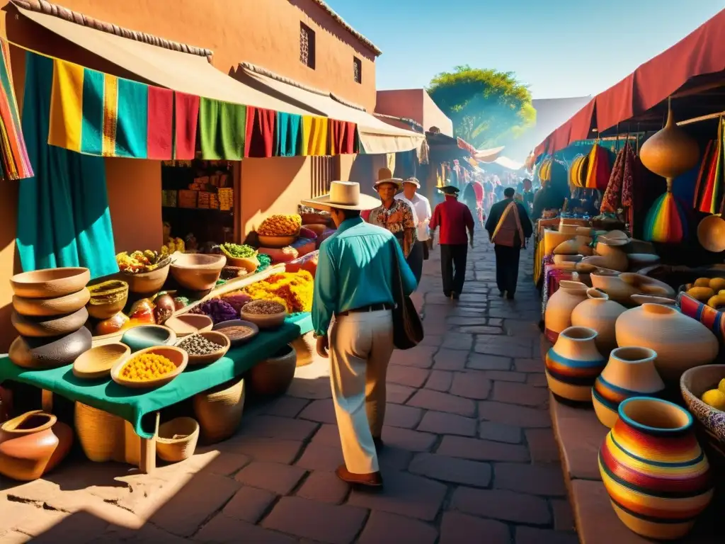 Mercado mexicano tradicional con textiles, cerámica y arte popular realzando colores vibrantes bajo la cálida luz dorada