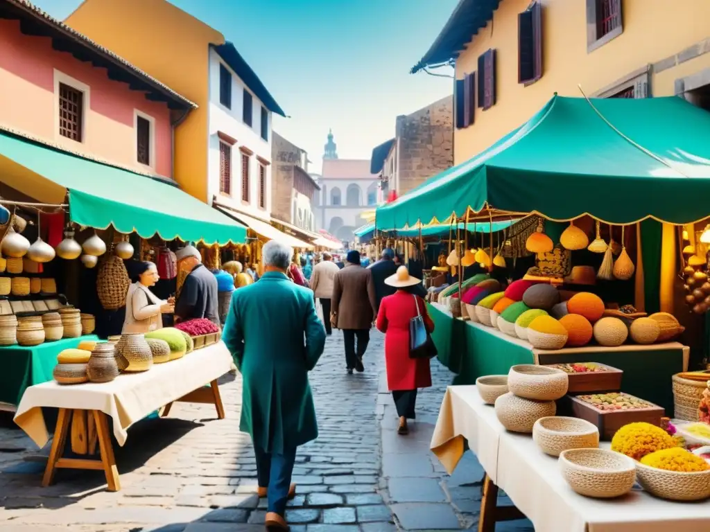 Mercado tradicional bullicioso con artesanos mostrando sus creaciones y estrategias de marketing digital, fusionando lo antiguo y lo moderno