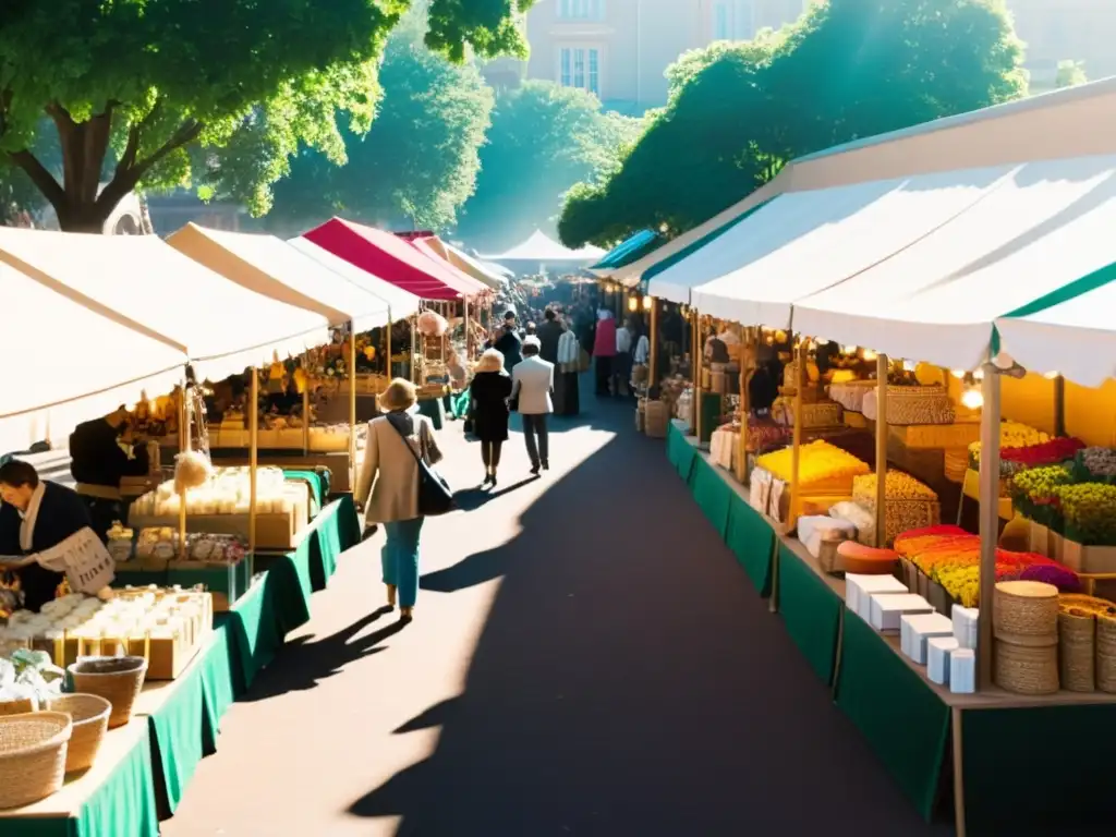 Un mercado vibrante con artesanías en puestos detalladamente diseñados