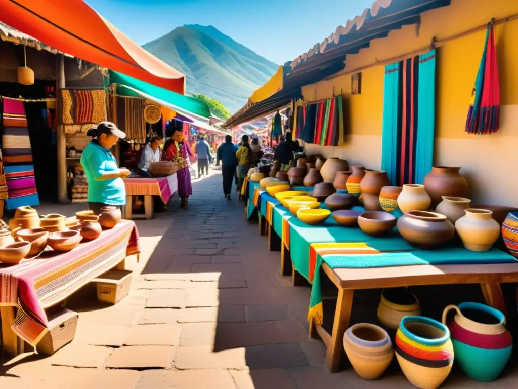 Un mercado vibrante y bullicioso en un pueblo tradicional latinoamericano, exhibiendo artesanía tradicional en la era digital