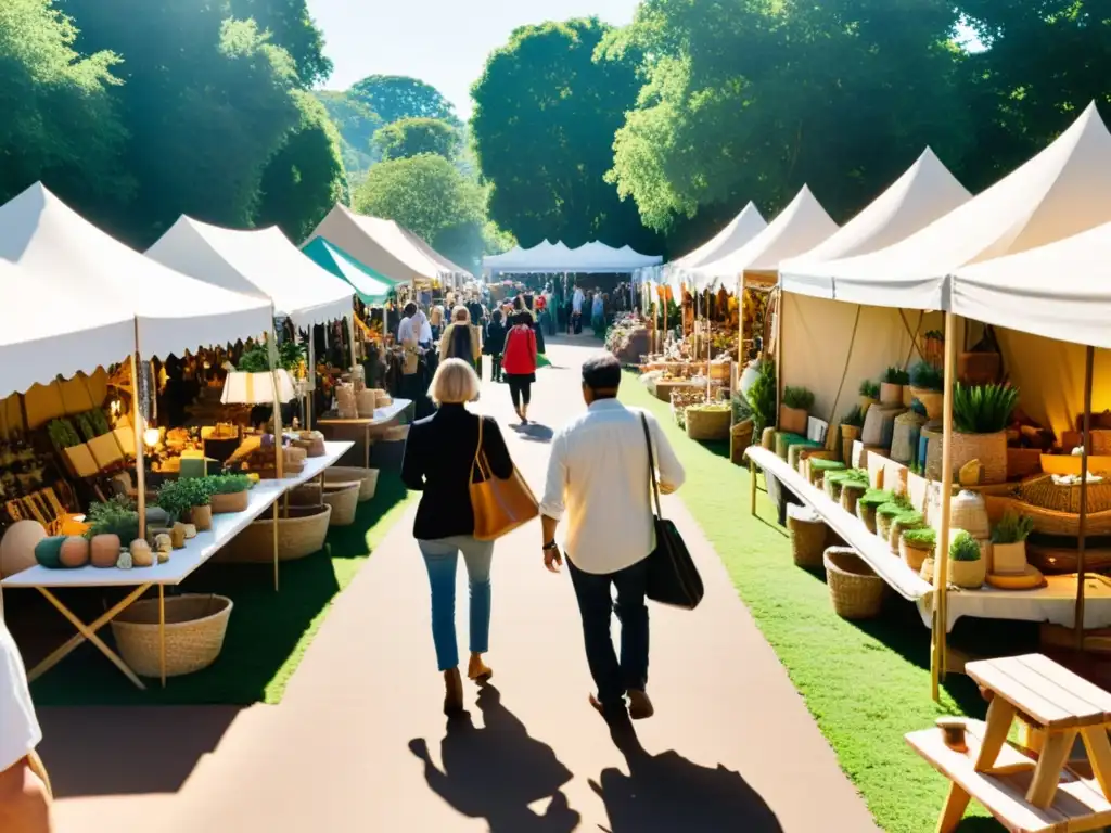 Un mercado vintage con artesanía digital y certificación ecológica, exhibiendo productos únicos hechos a mano en un ambiente animado y terroso