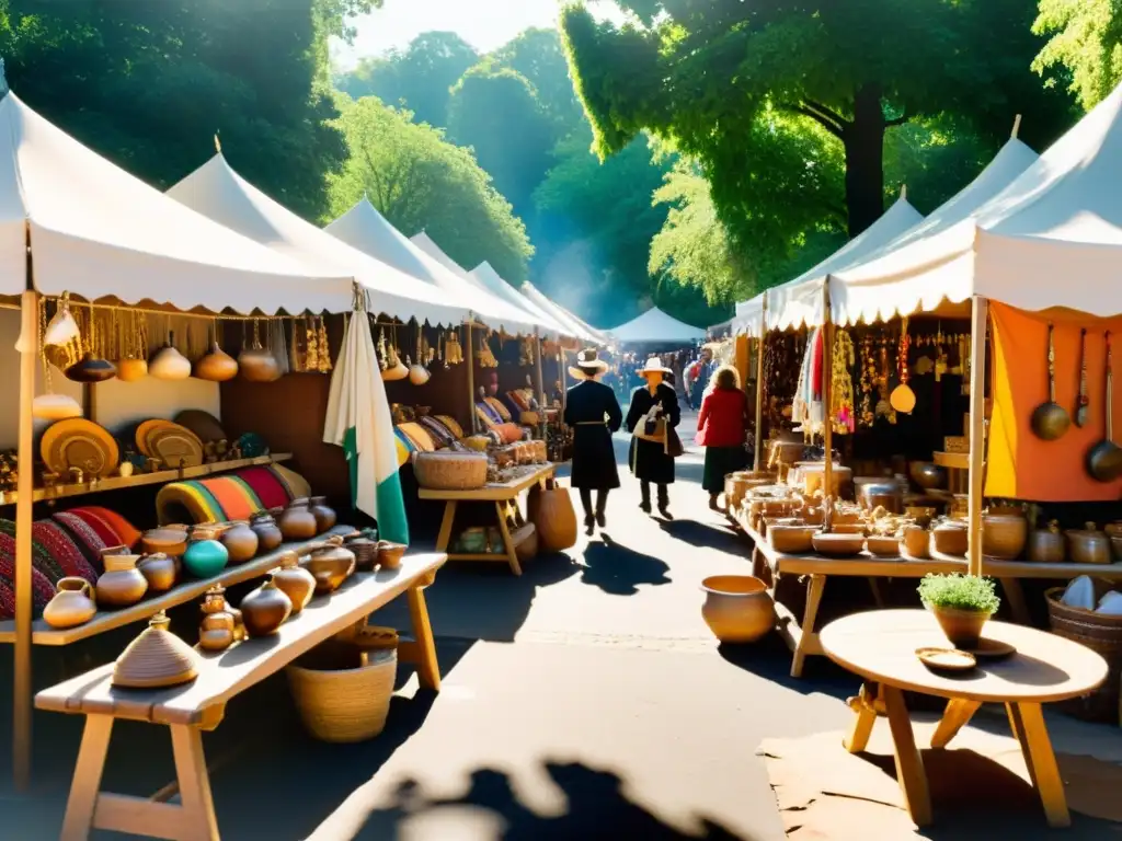 Un mercado vintage con artesanías tradicionales en el ecommerce, lleno de color y encanto artesanal bajo la luz del sol