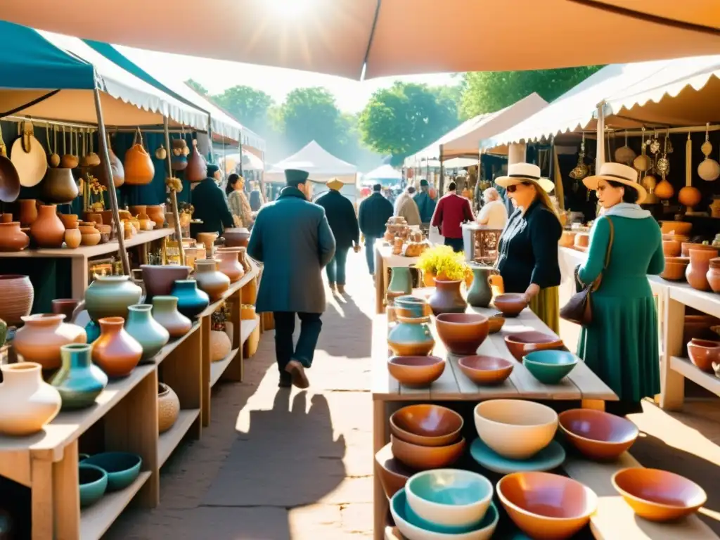 Un mercado vintage bullicioso con artesanos exhibiendo sus productos hechos a mano como cerámica, textiles y joyería