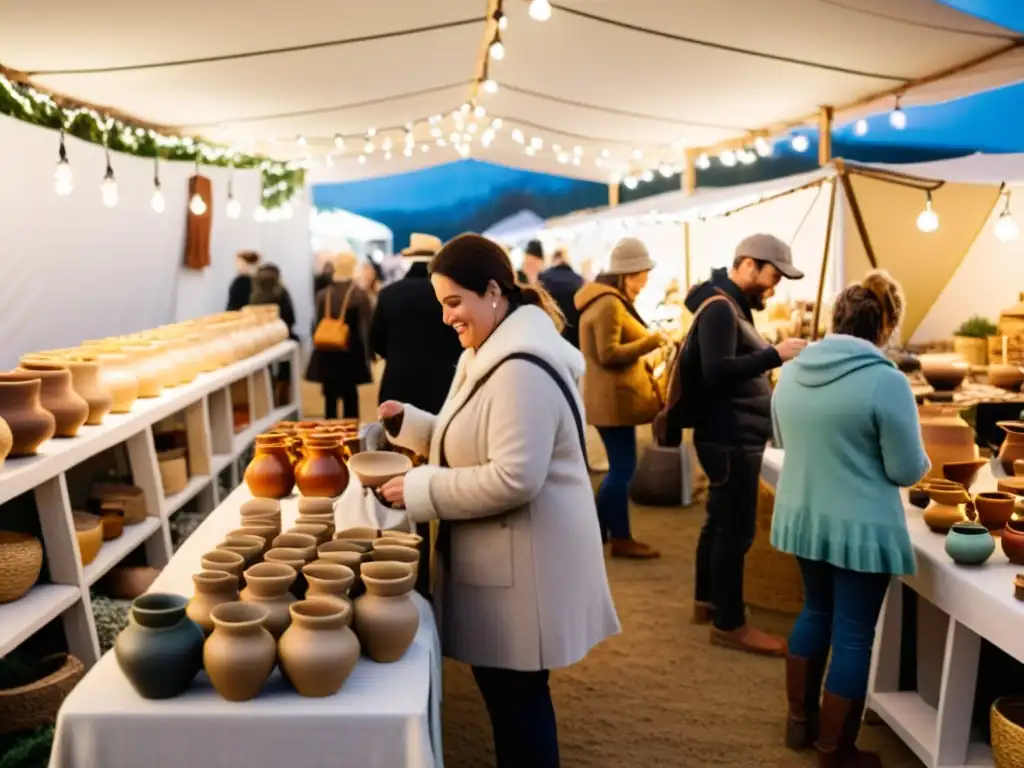 Un mercado vintage lleno de vida y color, donde artesanos y clientes se unen en un ambiente cálido y acogedor