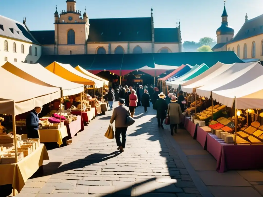 Mercado vintage con puestos de artesanía coloridos bañados en cálida luz, invitando a explorar repositorios online arte artesanía