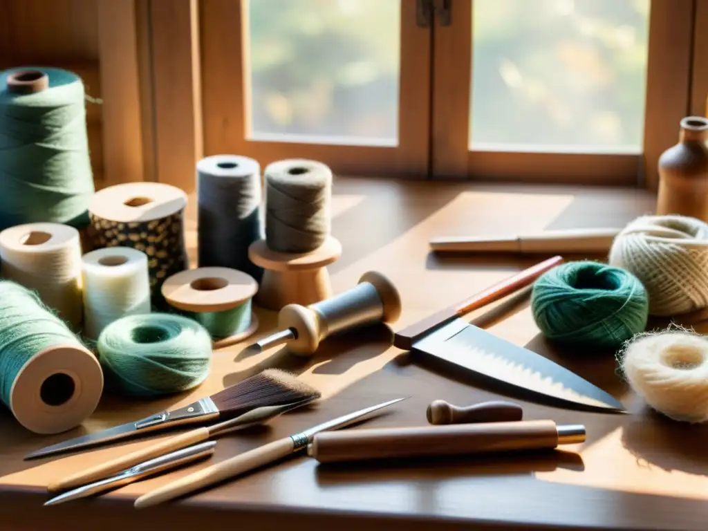 Una mesa de artesanía de madera vintage llena de herramientas y materiales, con certificación ecológica artesanía digital