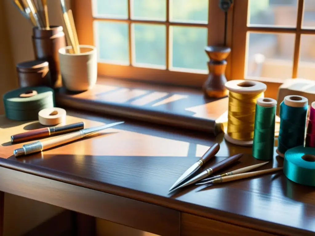 Una mesa de artesanía vintage bañada por cálida luz solar, con herramientas artesanales y una correa de cámara