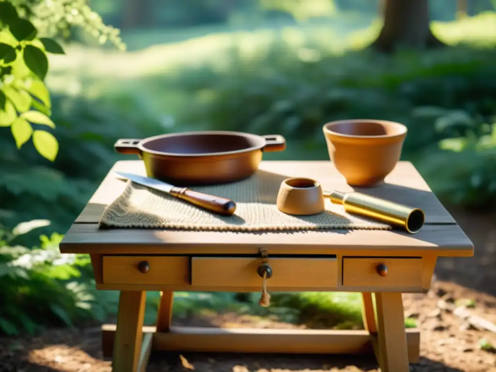 Una mesa de artesanía vintage en un claro de un bosque soleado, con piezas de cerámica y textiles hechos a mano