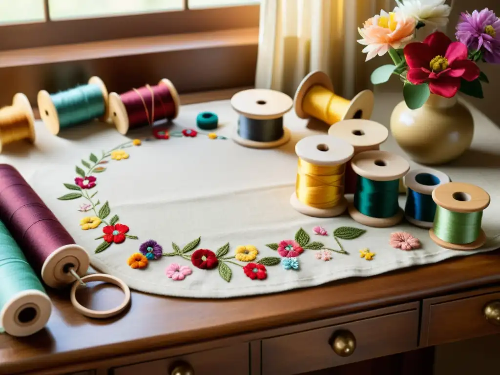 Una mesa de artesanía vintage con hilos de colores, agujas, bastidores y otras herramientas