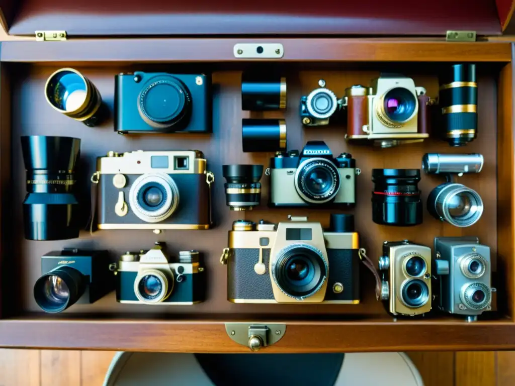 Una mesa de fotografía vintage con cámaras antiguas y equipo fotográfico, iluminada por una suave luz cálida