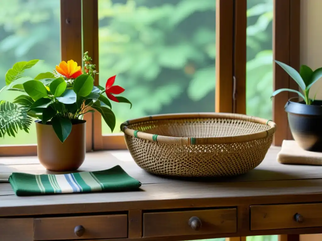 Una mesa de madera antigua con una cesta de textiles vibrantes y herramientas artesanales, rodeada de plantas y flores