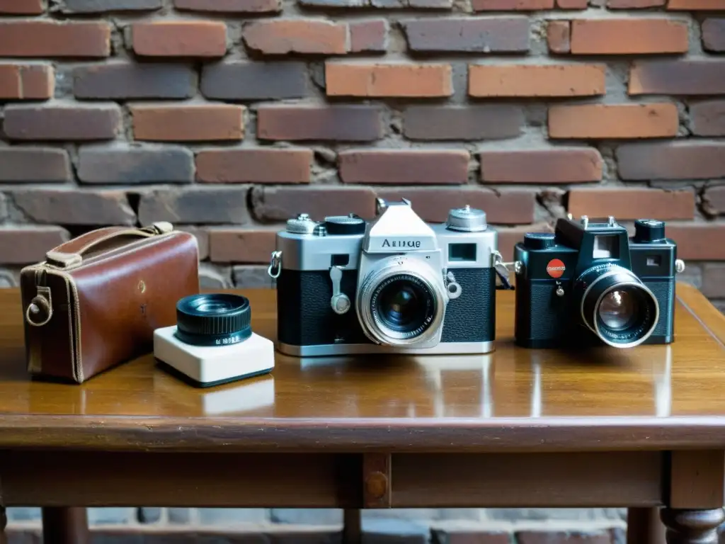 Una mesa de madera antigua exhibe una colección de cámaras vintage junto a un libro de fotografía, bañada por luz natural