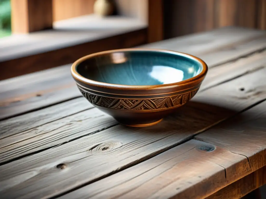 Una mesa de madera antigua con detalles artesanales y cálida iluminación resalta la autenticidad de las imperfecciones artesanales