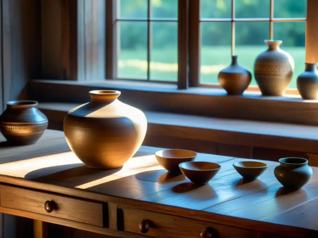 Una mesa de madera antigua con tallados intrincados, iluminada por luz natural