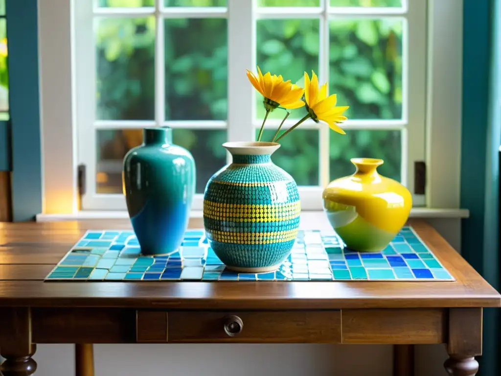 Una mesa de madera desgastada, con un mosaico de azulejos reciclados en tonos vibrantes de azul, verde y amarillo