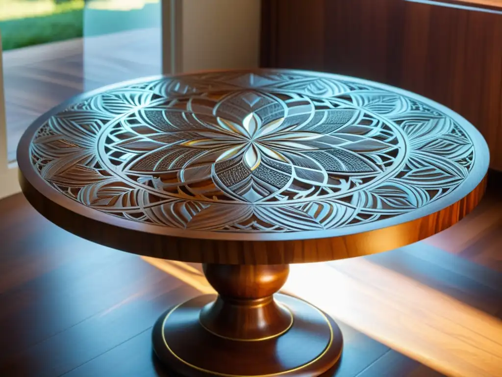 Una mesa de madera con patrones decorativos carpintería láser, bañada por cálida luz solar