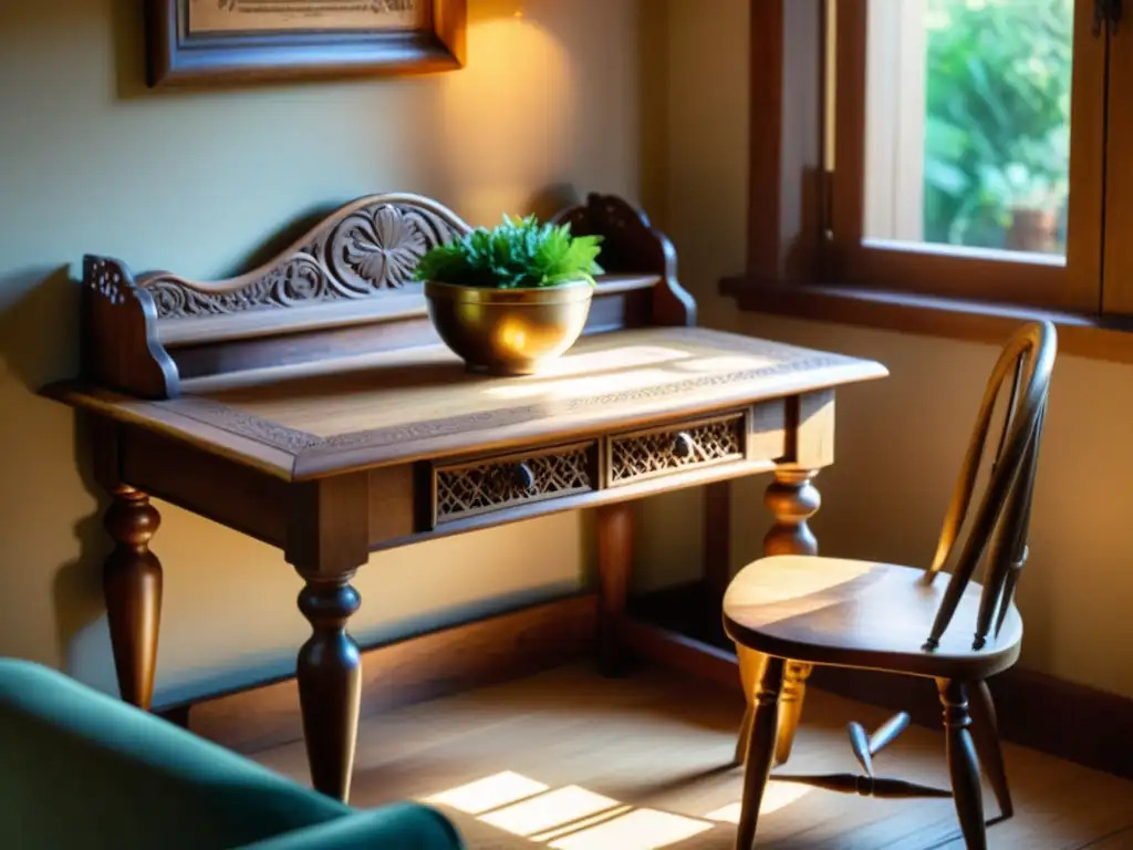 Una mesa de madera rústica y artesanal, rodeada de decoración vintage en una acogedora habitación iluminada por la luz del sol